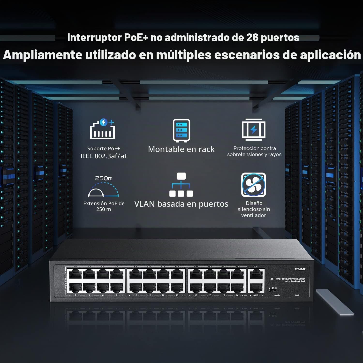 24 Port PoE Switch, 10/100Mbps PoE+ Ports, 2 Gigabit Ethernet Uplink, IEEE802.3af/at, MAX 300W, VLAN & PoE Extend 250m, RackMount Fanless Unmanaged Ethernet Switch