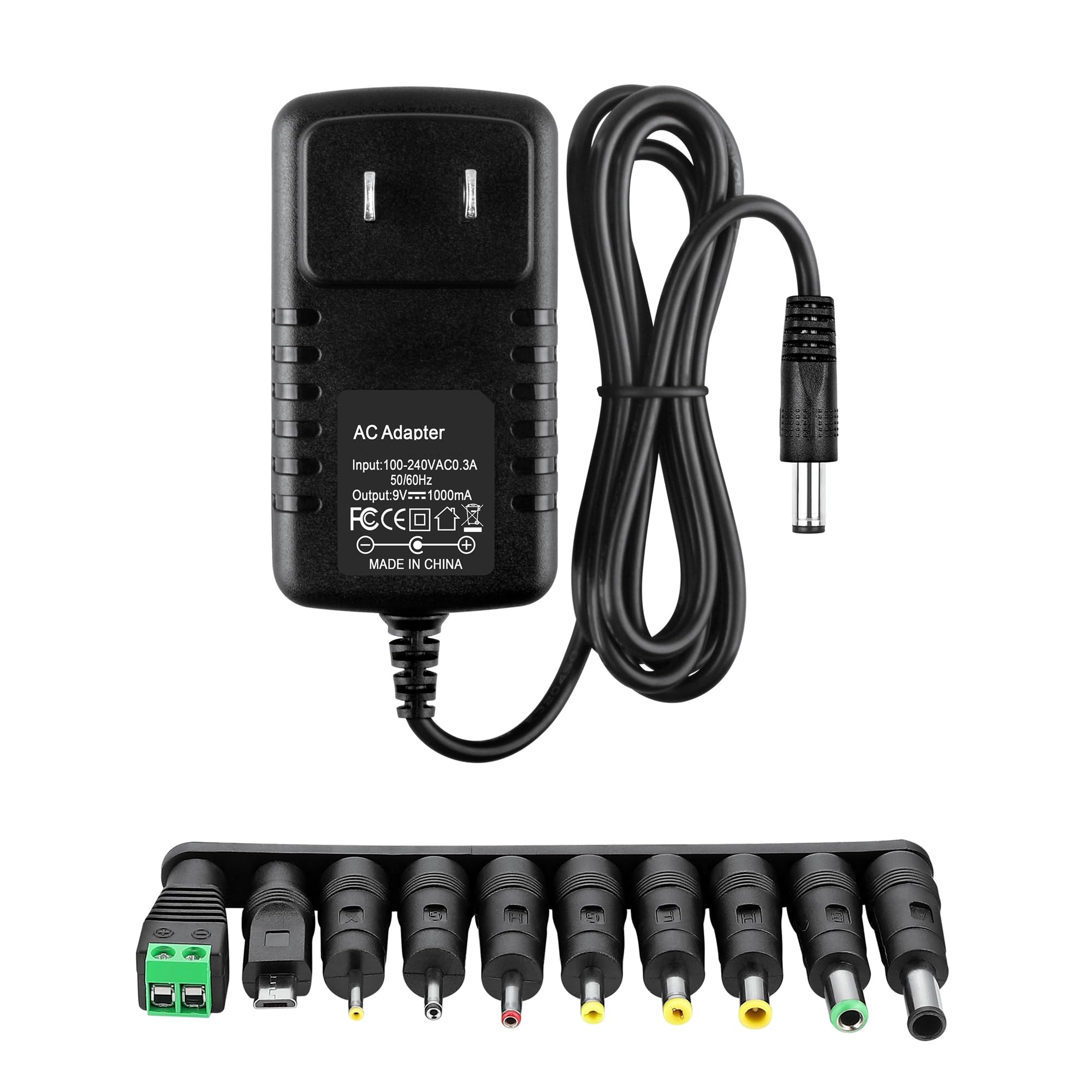 Acdctek Power Supply AC Adapter DC 9V 1A Power Cord Universal Power Adapter 9V Charger with 10 Interchangeable Jacks Compatible with 1000mA 900mA