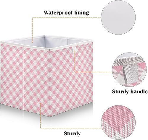 Miniatura 4 de Cesta de almacenamiento plegable de cuadros rosa de 11 x 11 x 11 pulgadas, cubo de almacenamiento para decoración del hogar, cesta de almacenamiento