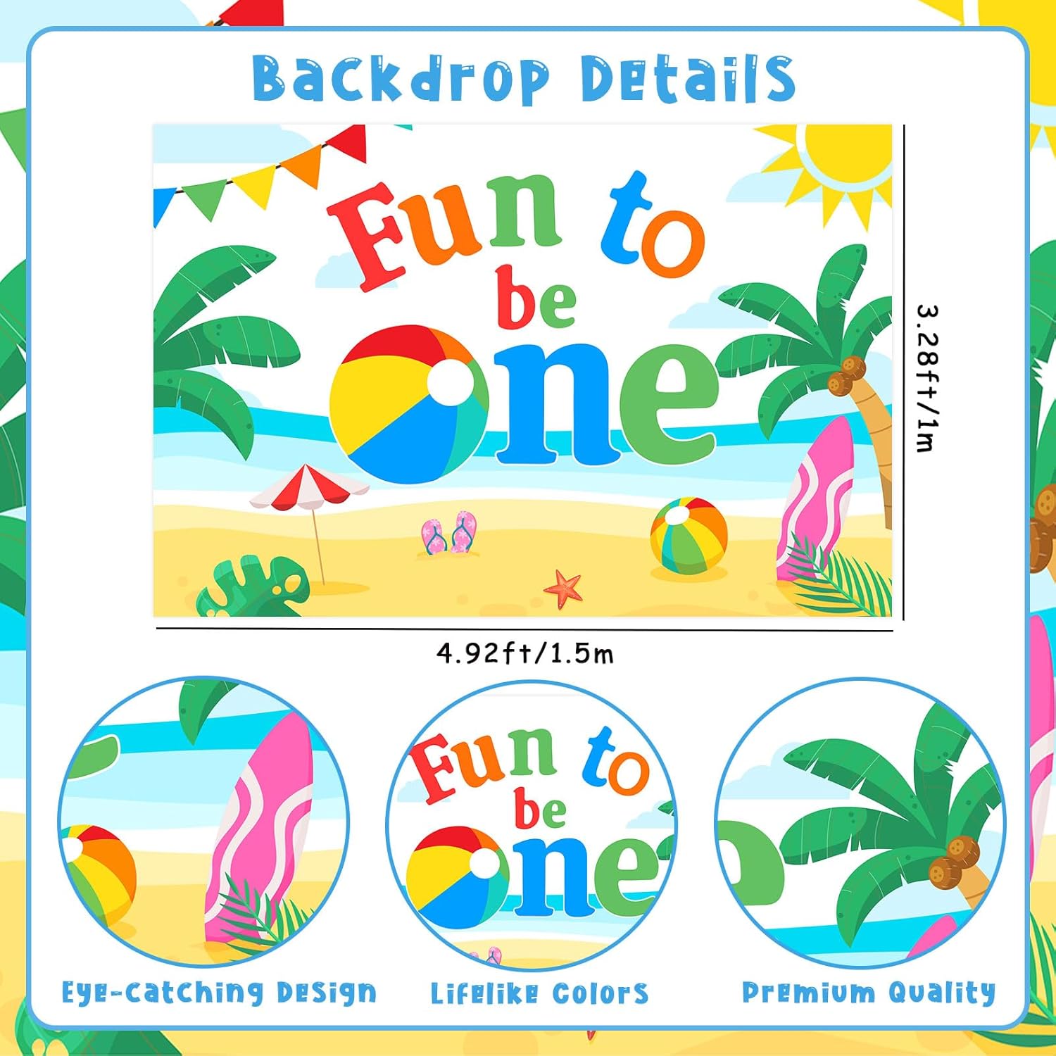 Beach Ball Theme 1st Birthday Party Decoration Summer Beach Birthday Party Supplies with Fun to Be One Beach Birthday Backdrop, Cake Topper and High Chair Banner for Swimming Pool Party - Image 5