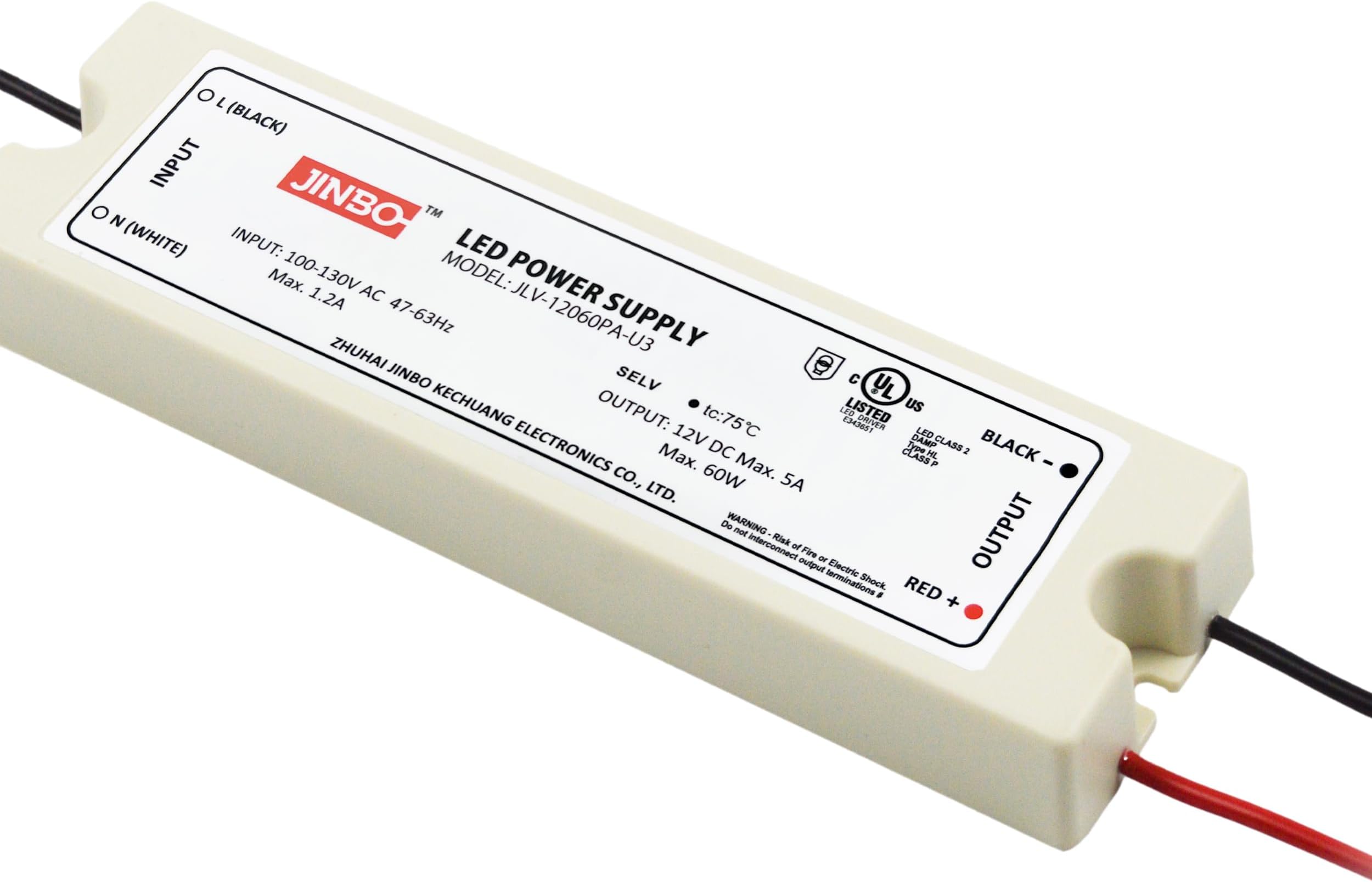 Jinbo 60W 12V LED Driver, Power Supply, IP67 Waterproof, 3Years Warranty, Volts Transformer Adapter, Short Circuit Protection, Energy-Efficient & Reliable, LED Lights, Outdoor Light, UL Listed