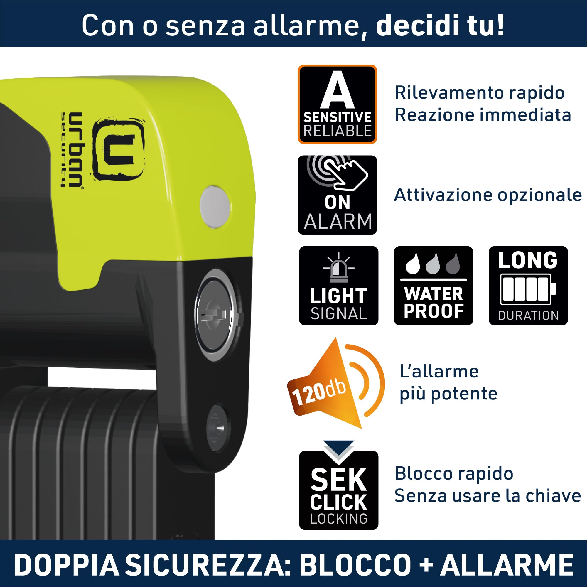 URBAN UR476Y Innovativo Lucchetto Bicicletta Senza e Allarme 120dB Hi-Tech, Lucchetto Bicicletta Pieghevole 2in 1 Sicuro, Supporto Più Funzionale e Trasporto Senza Rumore, Antifurto Bici Monopattino