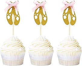Newqueen 24 Pack Ballerina Slippers Cupcake Toppers Gold Glitter Ballet Girl Cupcake Picks Handcrafted Baby Shower Kids Birthday Party Decoration - coolthings.us