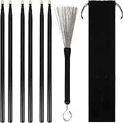 Augshy 3 pares de baquetas de bateria 5A, baquetas pretas de madeira de bordo e 1 par de escovas de tambor de arame com bolsa de armazenamento para bateristas iniciantes de jazz rock folk