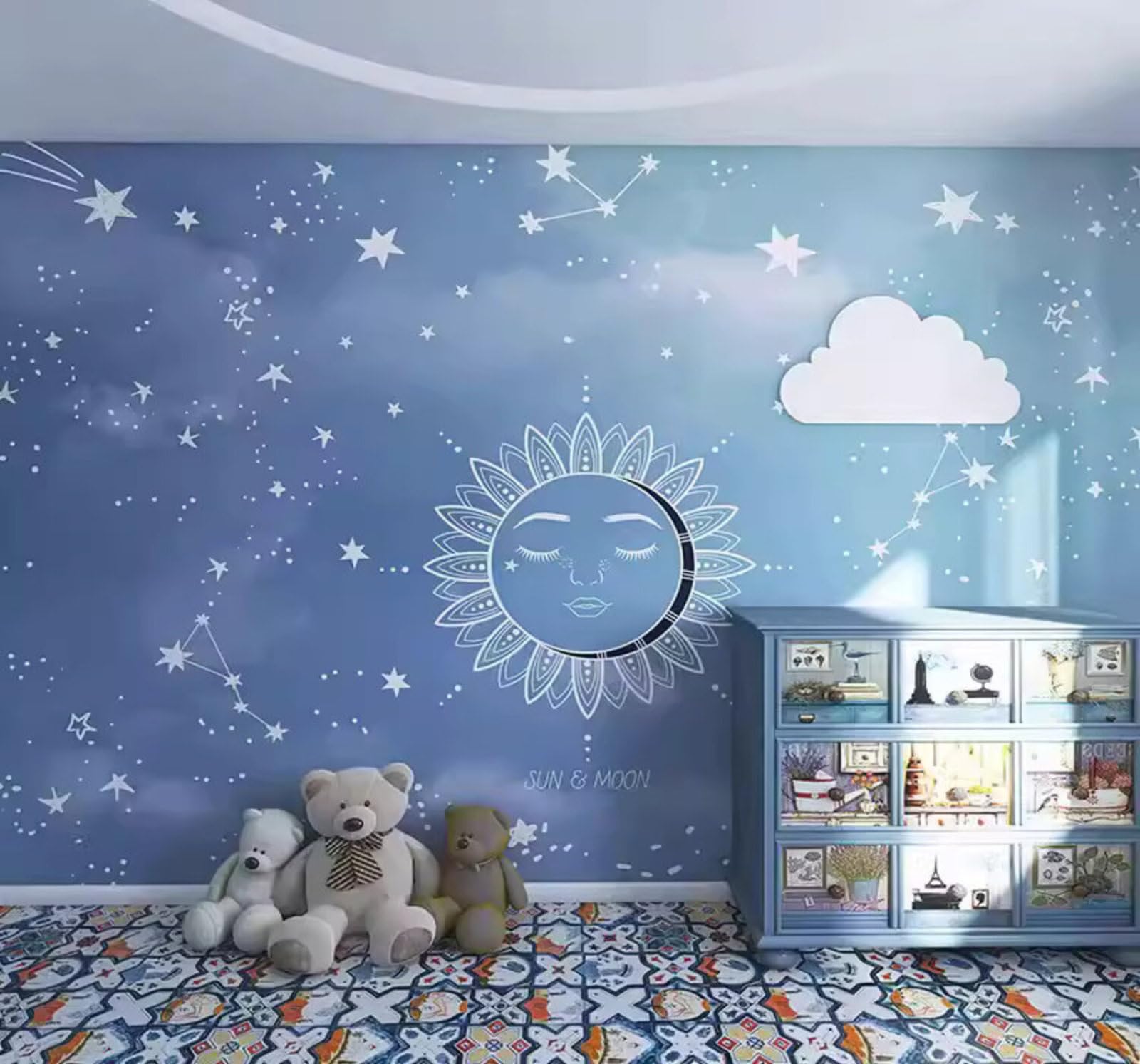Xlming 400Cm×280Cm(B×H) Creative Hand Drawn Blue Universe Starry Sky 3D Wallpaper Luxury Silk Study Dining Feature Sofa Grey Bedroom Living Room Tv Decorative Wall-400Cm×280Cm
