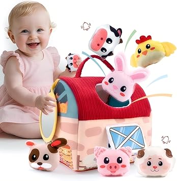 Baby Toys 6-12 Months – Montessori Sensory Barn with Plush Farm Animals, Rattles, Crinkle & Mirror – 1st Birthday Gift or Easter Basket Stuffer for Babies