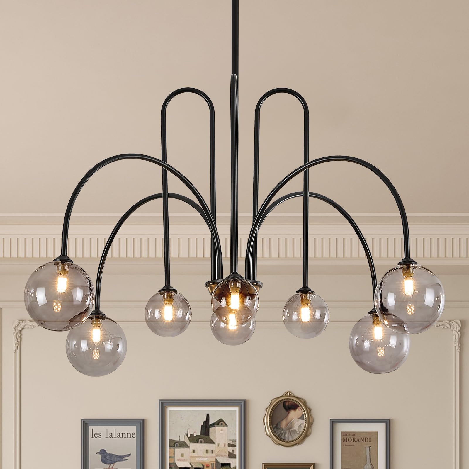 8 lights modern sputnik chandelier large luxury l41” black mid century smoke glass globe ceiling pendant lighting contemporary for foyer staircase living dining room kitchen