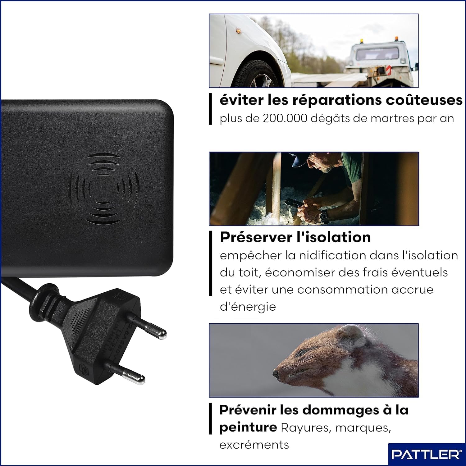 PATTLER Anti Martre avec Prise – Répulsif Anti Martre à Ultrasons pour Intérieur, Maison, Garage et Grenier Jusqu’à 60 m². 2 Unité