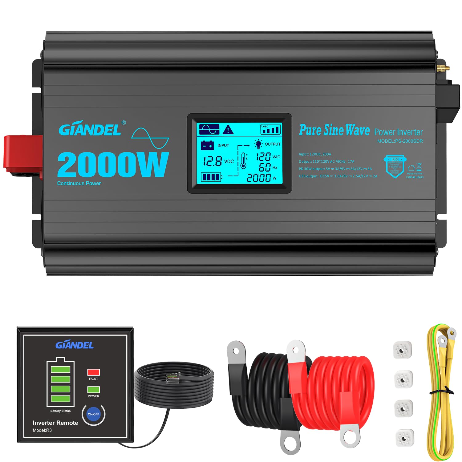 Onduleur Pur Sinus 2000W 24V Vers 110V/120V - Pour Voiture, Camping-Car, Solaire - Affichage LED, Protections Intégrées