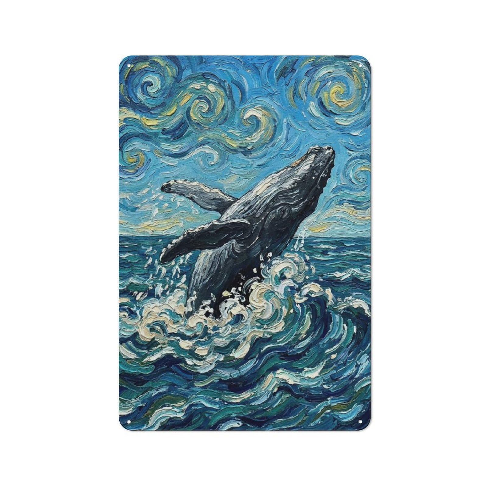 Junmoney Style-14 Tin Wall Plaque 30X20cm With Whale Breaching In Van Gogh For Café Or Restaurant, Housewarming Present For People Styling Café And Restaurant