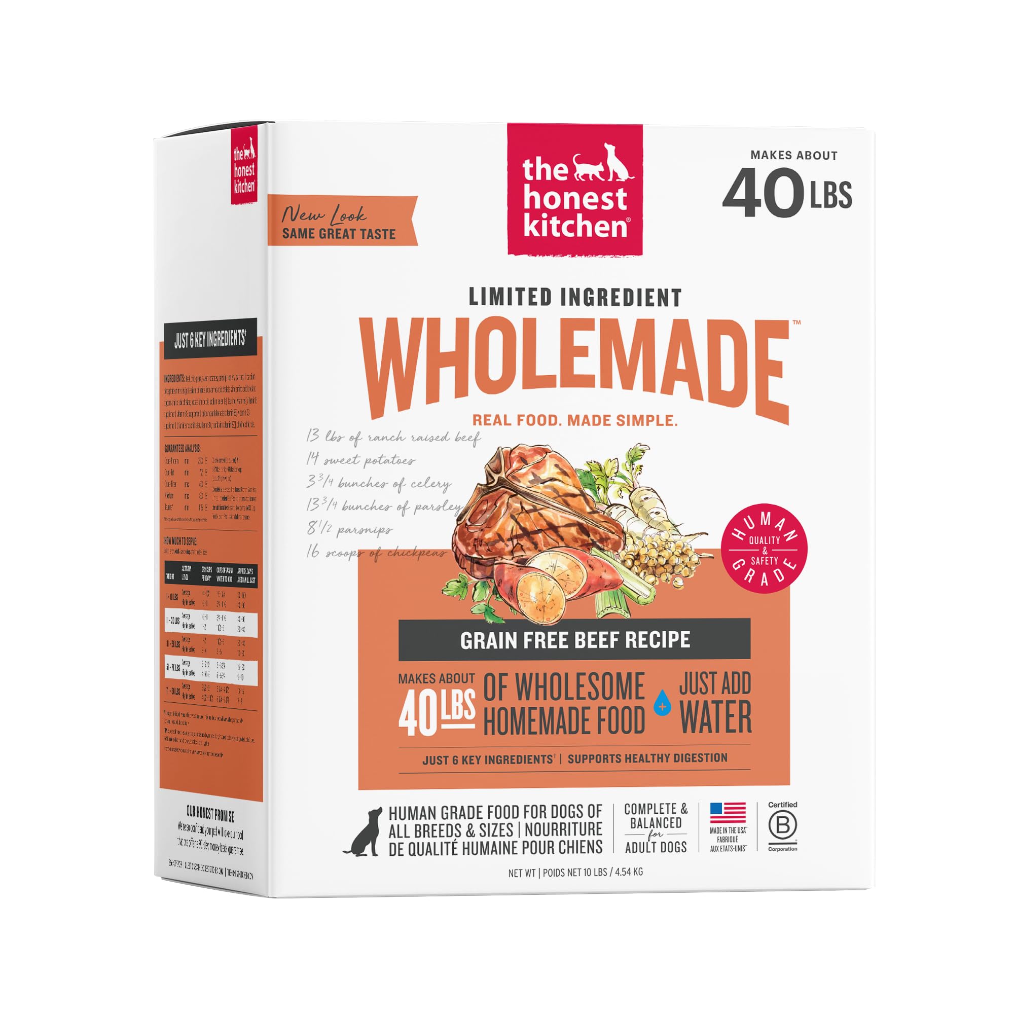 The Honest Kitchen Wholemade 6 Ingredient Grain Free Beef Recipe, Human Grade Dehydrated Dog Food, Allergy Friendly, Digestion Support, Topper for Dry or Wet Dog Food, 10 lb Box Makes 40 lbs
