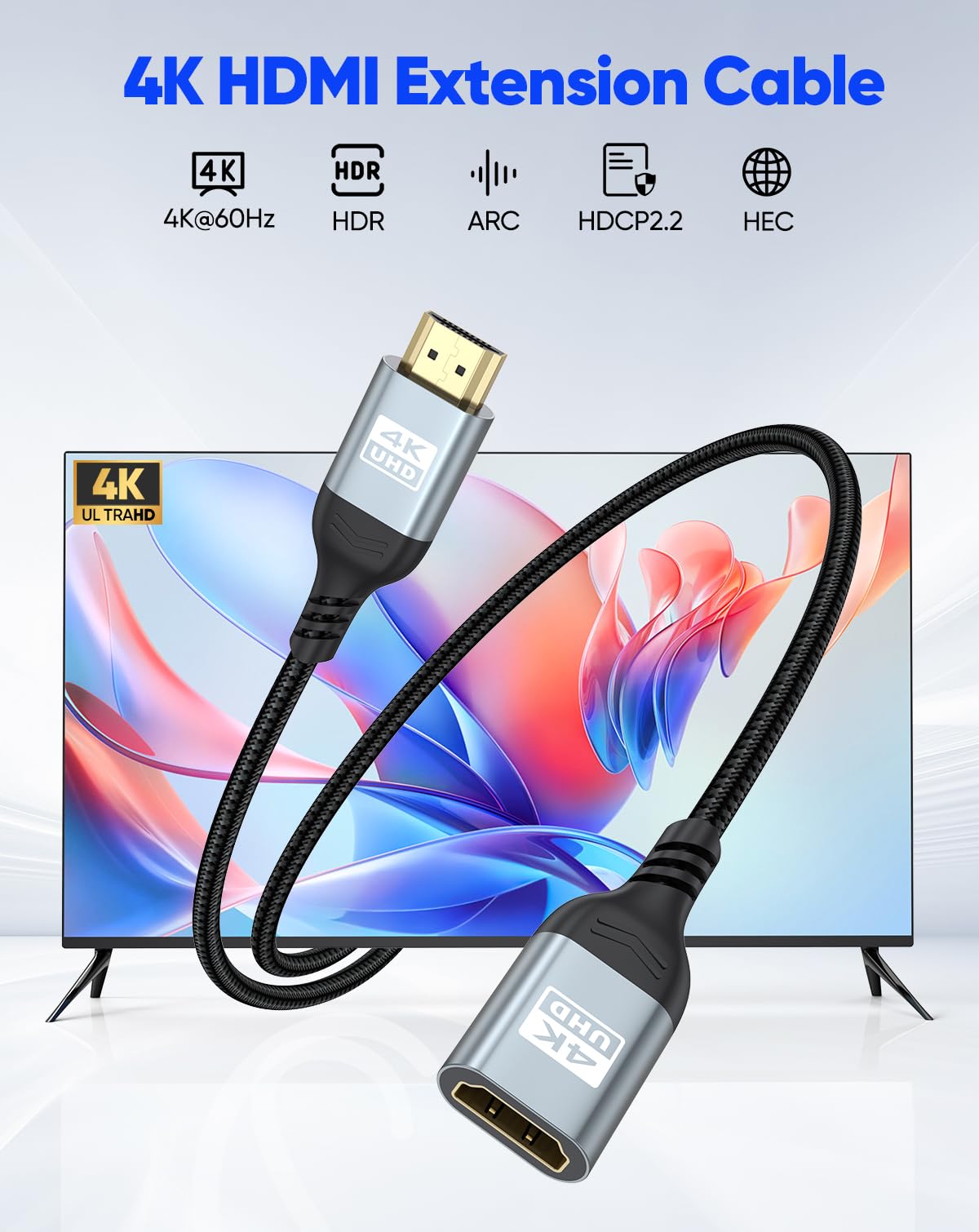 Cable de extensión HDMI de 6 pies, cable extensor HDMI 4K macho a hembra, cable adaptador 4K a 60Hz, 2K, 1080P, ARC, HDR, 3D, compatible con TV Stick, portátil, HDTV, monitor, Xbox, PS5/PS4