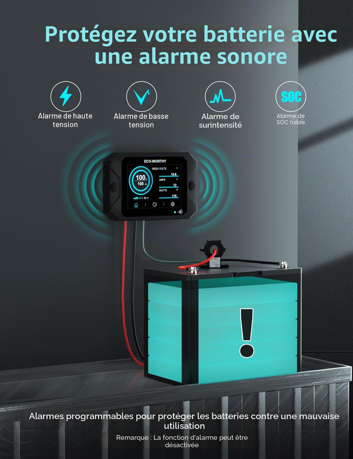 ECO-WORTHY Moniteur de batterie amélioré 300 A 12 V/24 V/36 V/48 V, moniteur de batterie à écran tactile 3,5 pouces avec alarme, testeur de batterie lithium/gel pour camping-cars, systèmes solaires