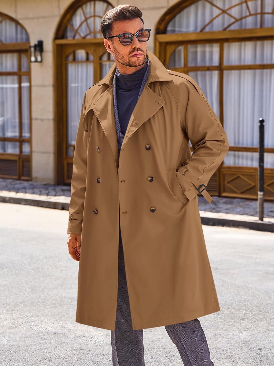 Runcati Mens Trench Coat Double Breasted Long Jacket Casual Windbreaker Notched Lapel Belted Overcoat