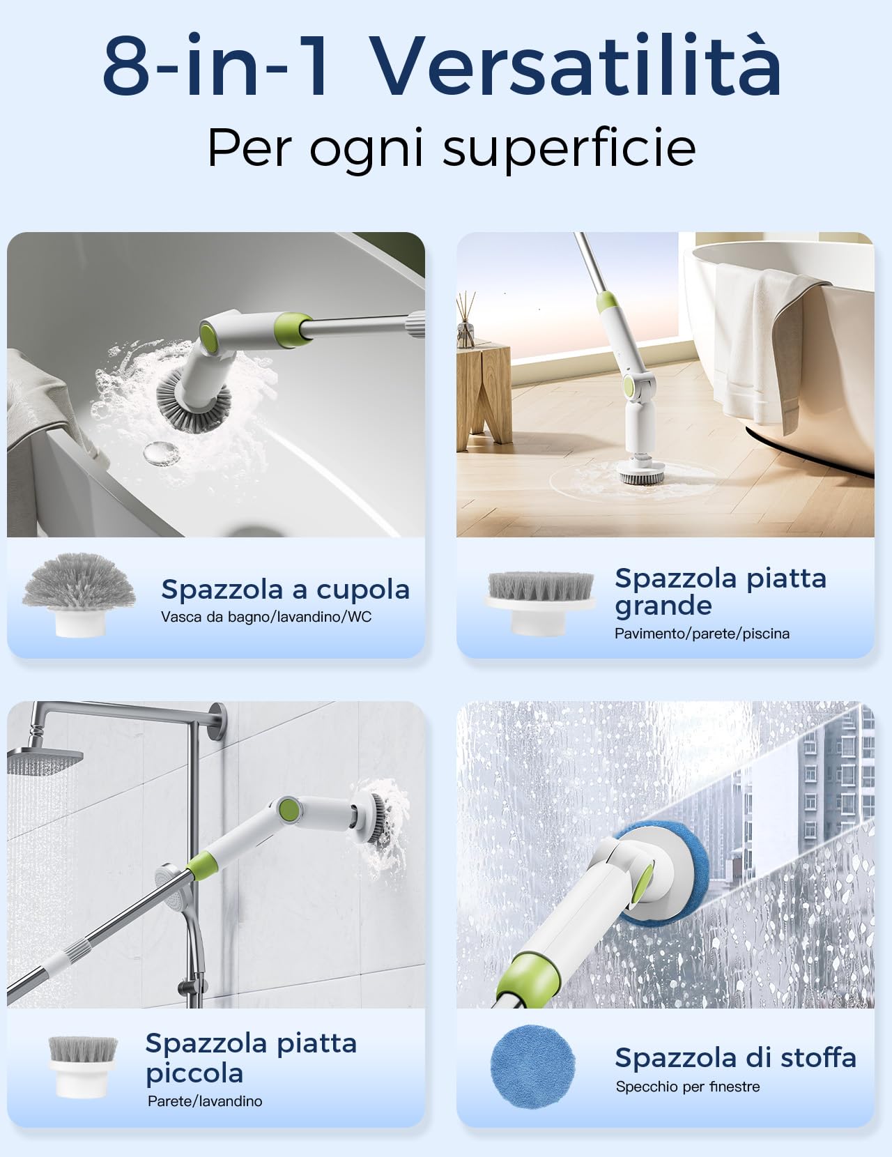 Spazzola Elettrica Rotante per Pulizia, IPX7 Spazzola Pulizia da 2.5 ore a doppia velocità con 8 testine Manico Regolabile Potente Pulizia Spazzola 2 Velocità Casa Bagno, Cucina Pavimenti