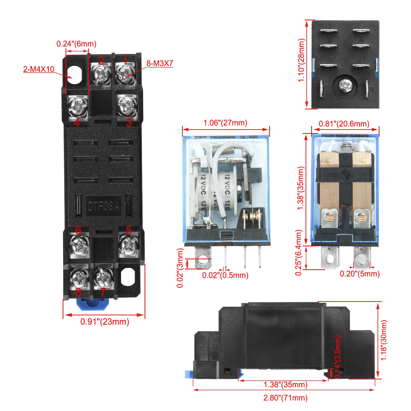 Heschen Relais à usage général, LY2NJ, Bobine 12VDC, 10A 24VDC/220VAC, DPDT, Indicateur LED, avec socle