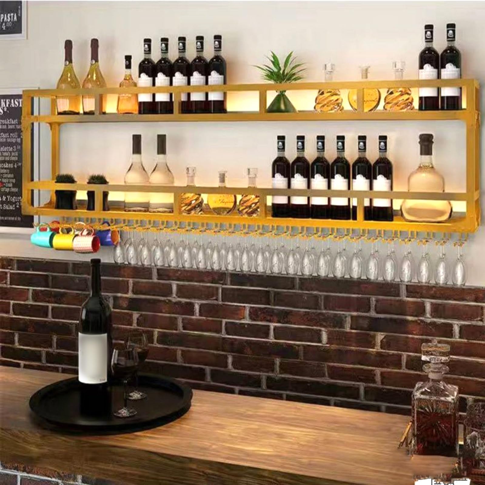 Ayharylh Gold Modern Wine Storage Rack Wall Mounted With Led Light With Wine Glass Holder,Bar Unit Floating Shelves,With Wine Glass Holder Kitchen Storage Bar Shelves For Kitchen Dining Room Bar Decoration ( Color