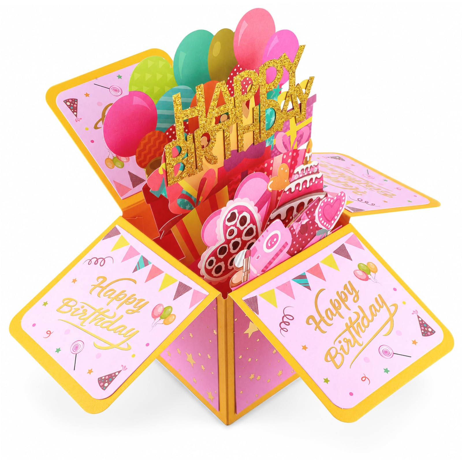 3D Happy Birthday Pop Up Card, Pink Gold Handmade Greeting Card