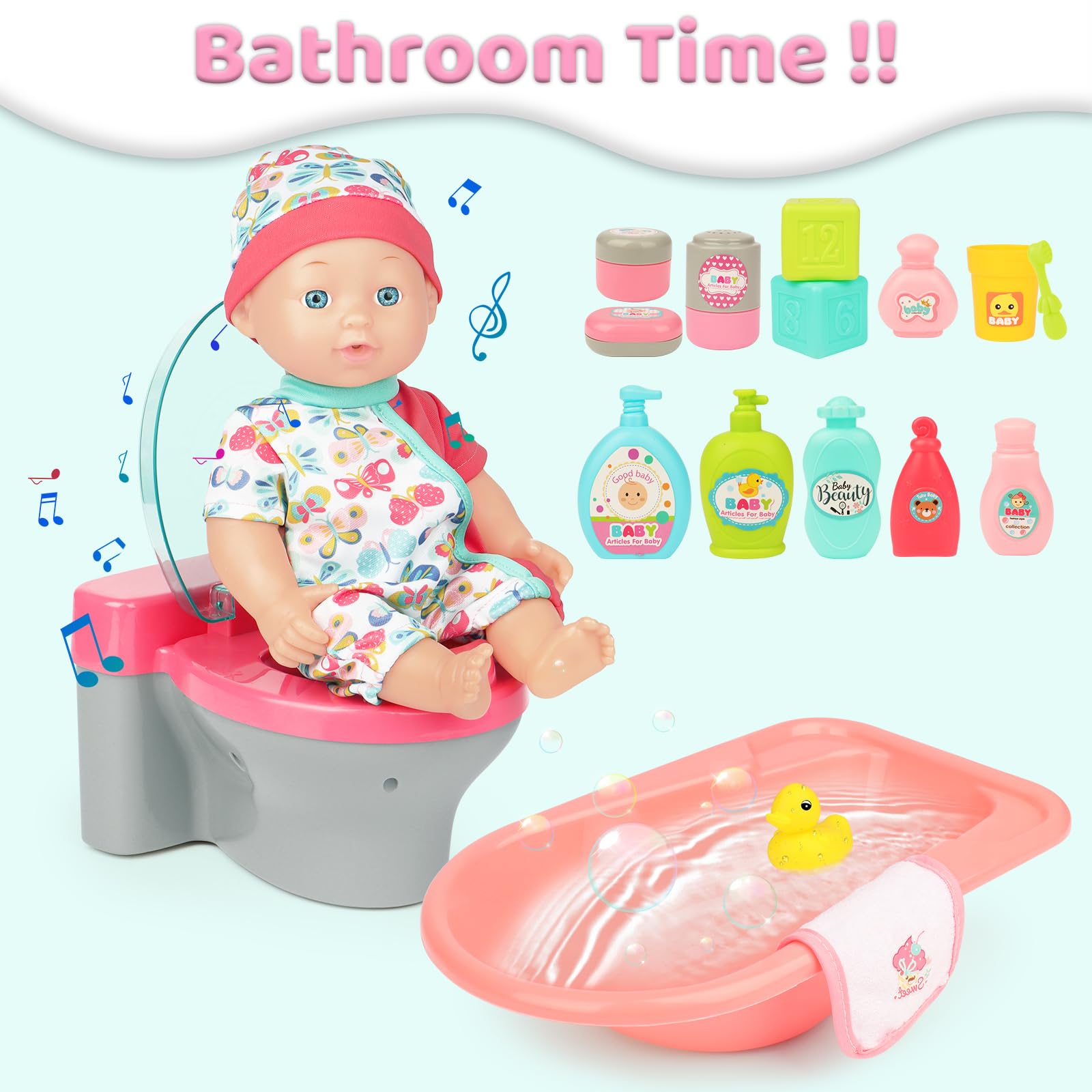 deAO 4 in1 Bambola con Accessori Bambolotti Bambole con WC, Bagno, Lettino | 31 PezziSet Giocattolo per Bambola Bebè con Vestiti, Biberon e Posate per Bambini 3+ Anni