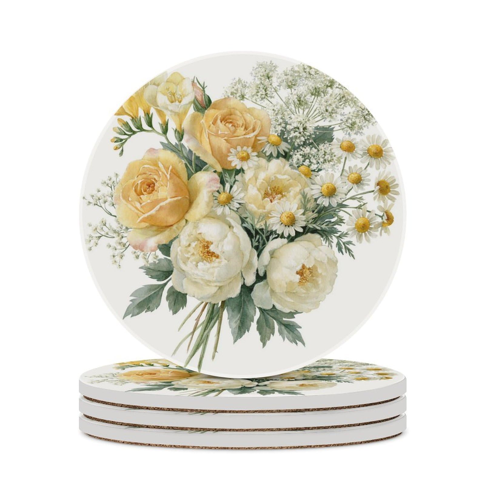 Watercolor Floral Bouquet Roses Cream Peonies Coasters Set of 4 Absorbent Coasters