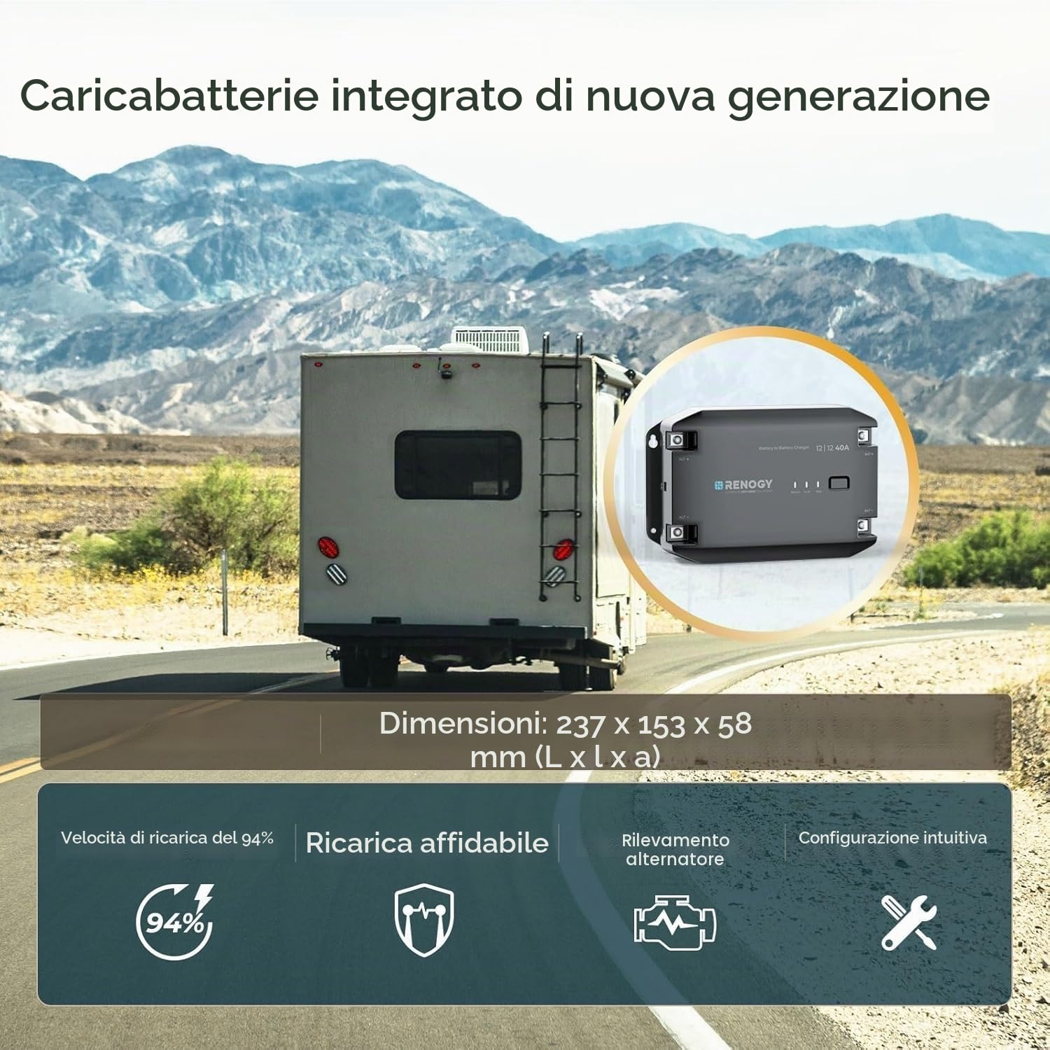 Renogy Caricabatterie DCDC da 40 A, 12 V, AGM, flooded, gel e batteria al litio, protezione contro il surriscaldamento