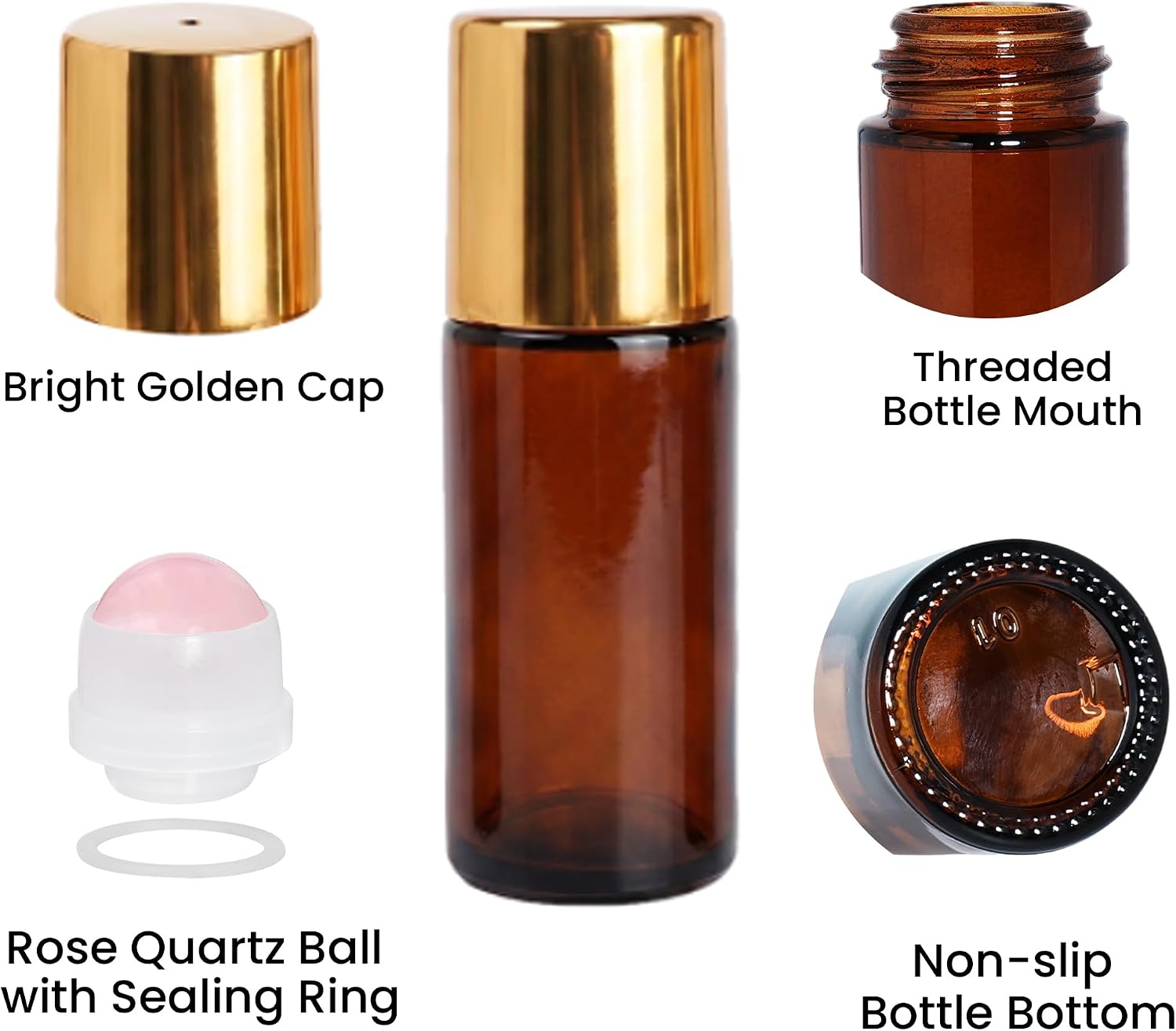 2 Pack 1.7 oz Rose Quartz Roll On Bottles Empty Amber Glass Roller Bottles