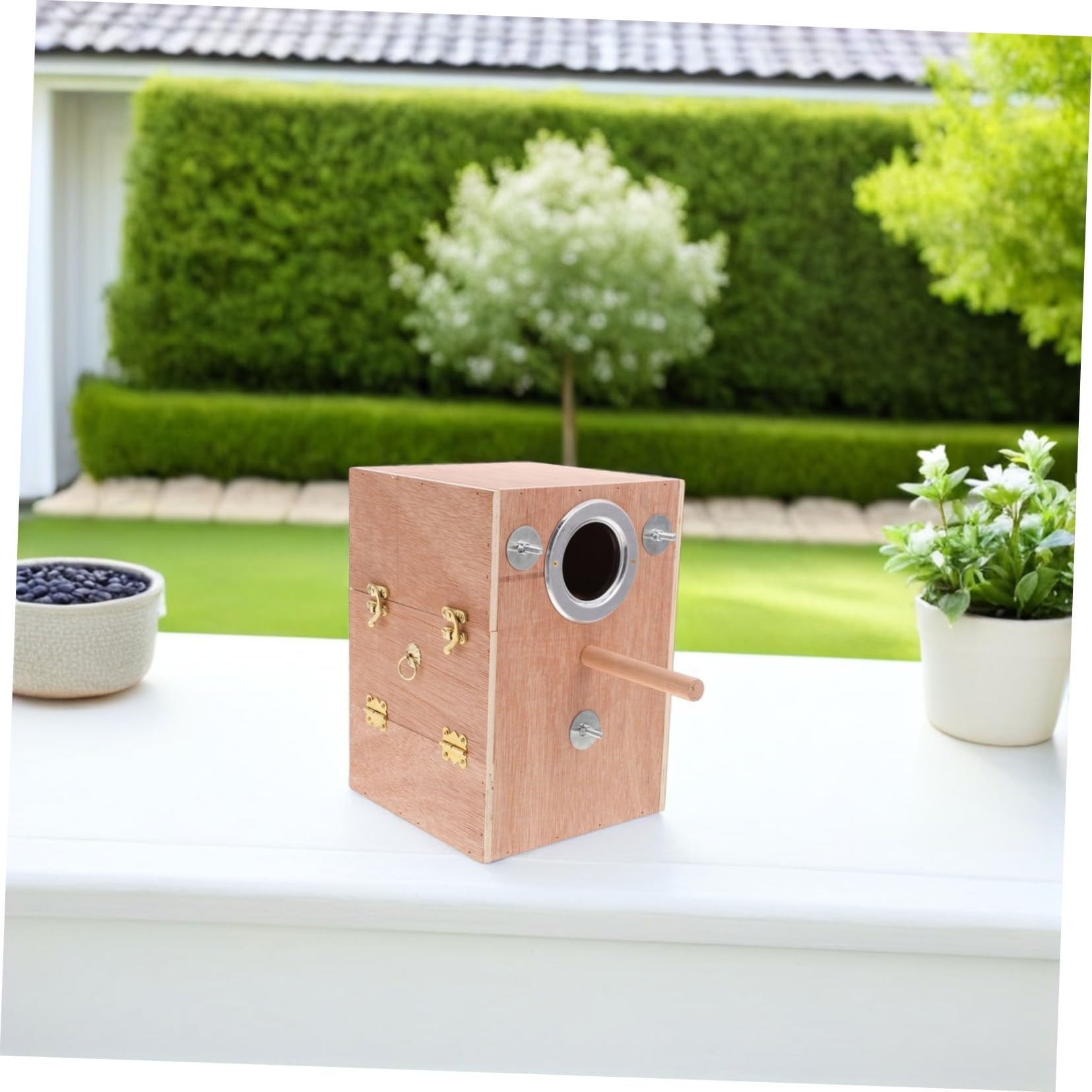 Caja Nido Madera Natural con Perchero para Cría de y Periquitos y Estable para Reproducción Exteriores para Agapornis y Conure