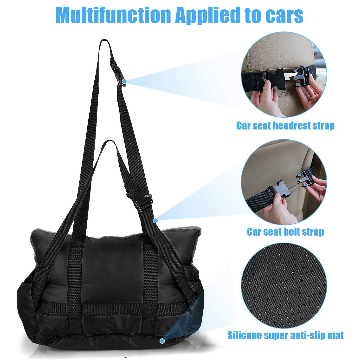 FRISTONE Dog Car Seat, Travel Carrier with Clip-on Safety Leash and Storage Pocket - Comfortable and Anti-Slip for Puppy, Small Pet - Black — view 2