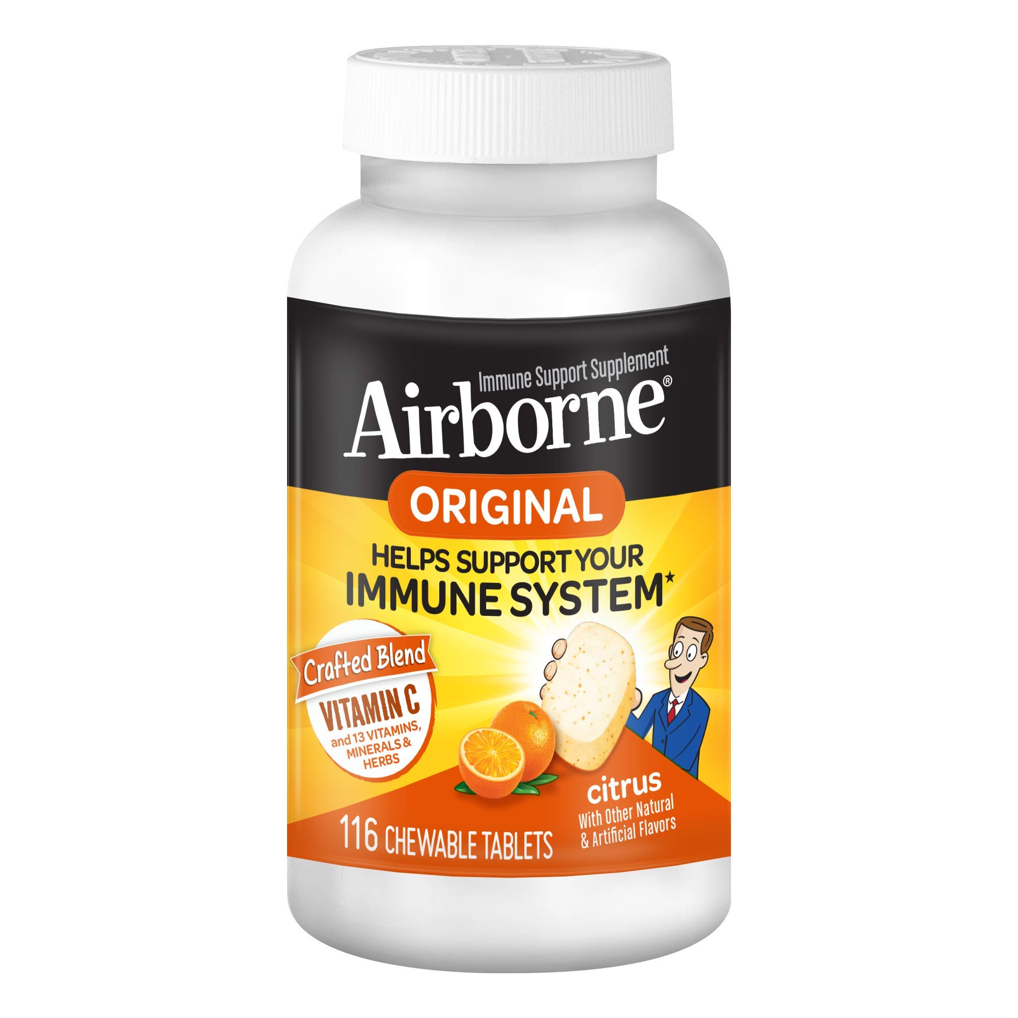 Airborne 1000mg Vitamin C + Zinc Immune Support Supplement Chewable Tablets, Citrus Flavor with Powerful Antioxidants Vitamins A C & E, 116 Chewable Tablets (3