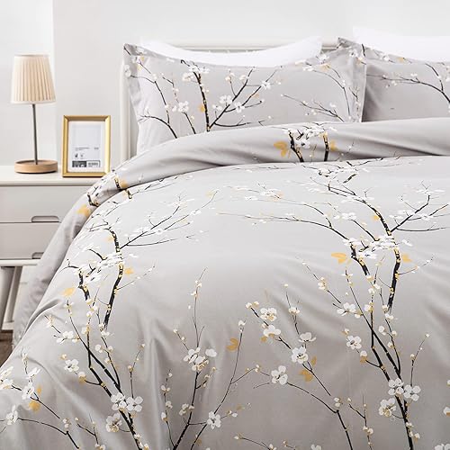 Miniatura 3 de WONGS BEDDING Juego de funda de edredón gris tamaño individual, juego de ropa de cama con estampado de flor de ciruelo con 1 funda de almohada, 2