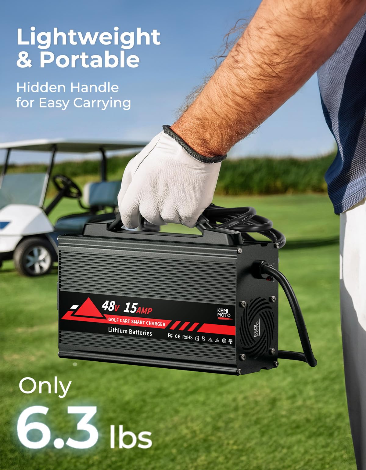 KEMIMOTO Caricatore universale per carrello da golf da 48 V, batteria al litio da 15 A, 51,2 V-58,4 V, Lifepo4, caricabatterie da golf cart da 48 Volt, protezione da sovraccarico, completo in 4-6 ore