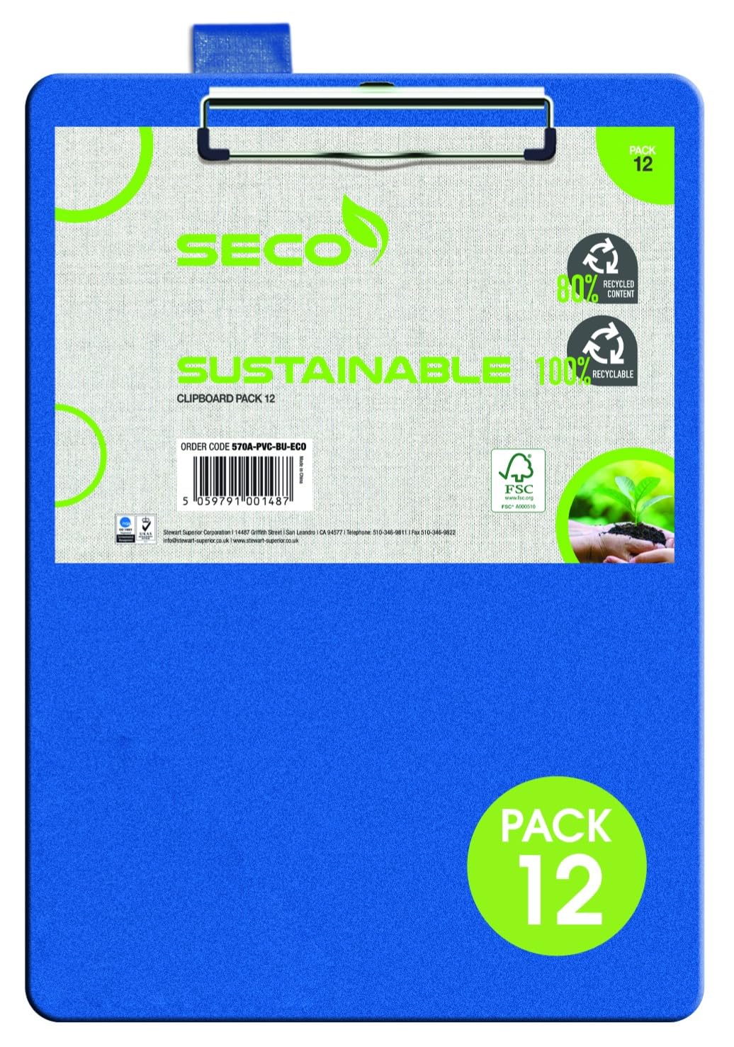 SECO A4 PVC Clipboard| Blue | 12 Pack | Heavy Duty Clip | Hardboard Writing Board | Office School Use | Durable Document Holder