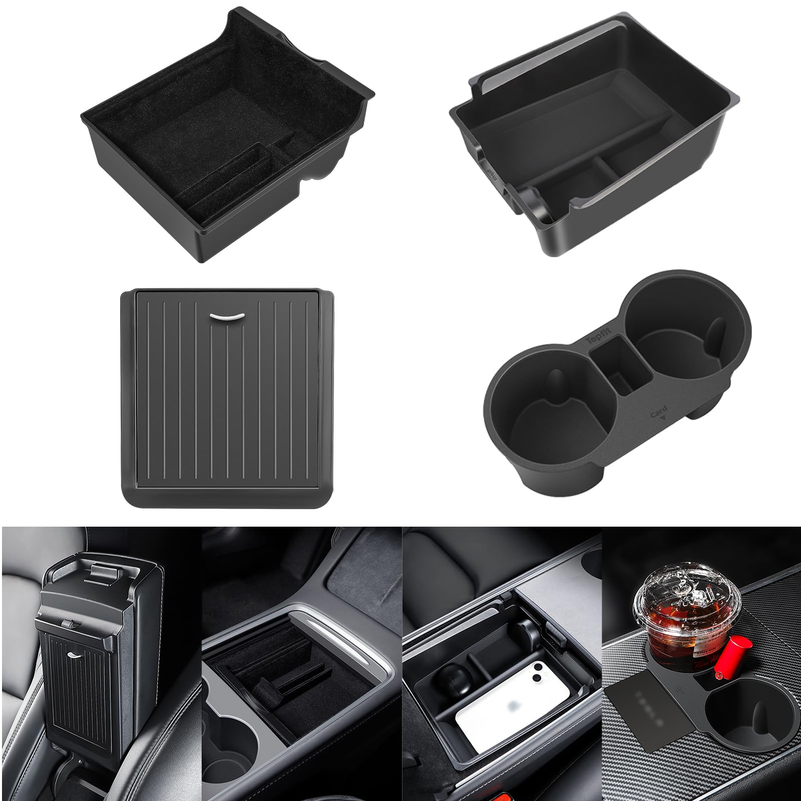 RUIYA Tesla Model 3 2018-2023 Organiseur De Console Centrale Pour Accoudoir De Boîte à Gants Noir