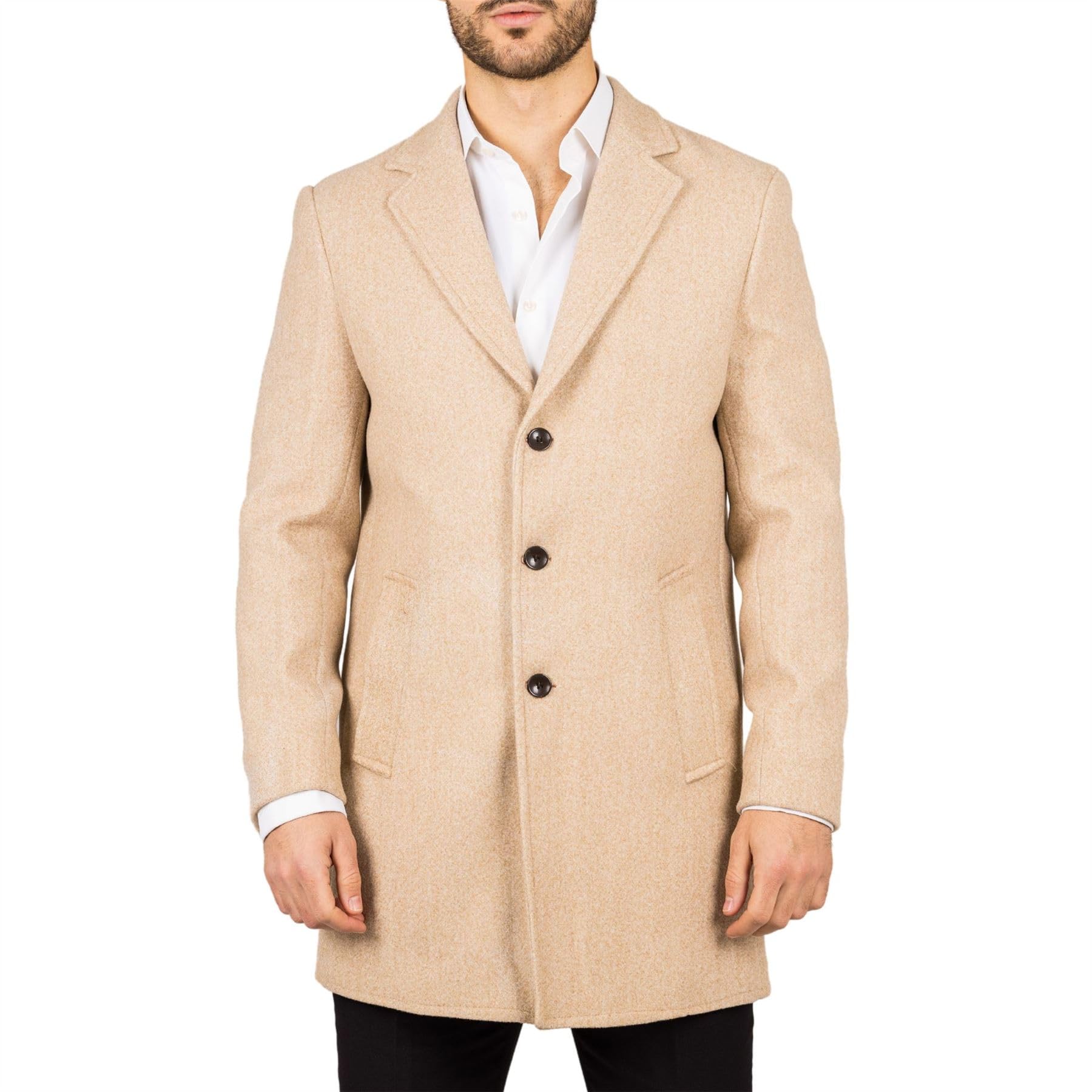 Truclothing Men's Beige Notched Lapel Collar Wool Blend Overcoat - Medium