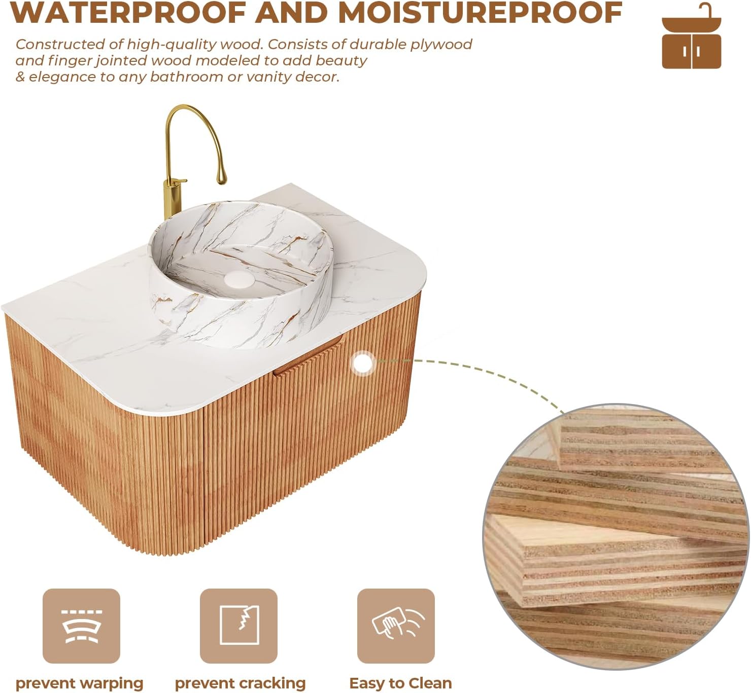 LKTART 30 Inch Floating Bathroom Vanity with Sink, Modern Wall Mounted Bathroom Storage Cabinet with Drawer, Stone Pattern Round White Ceramic Sink Top and Marble Texture Top, Natural Wood