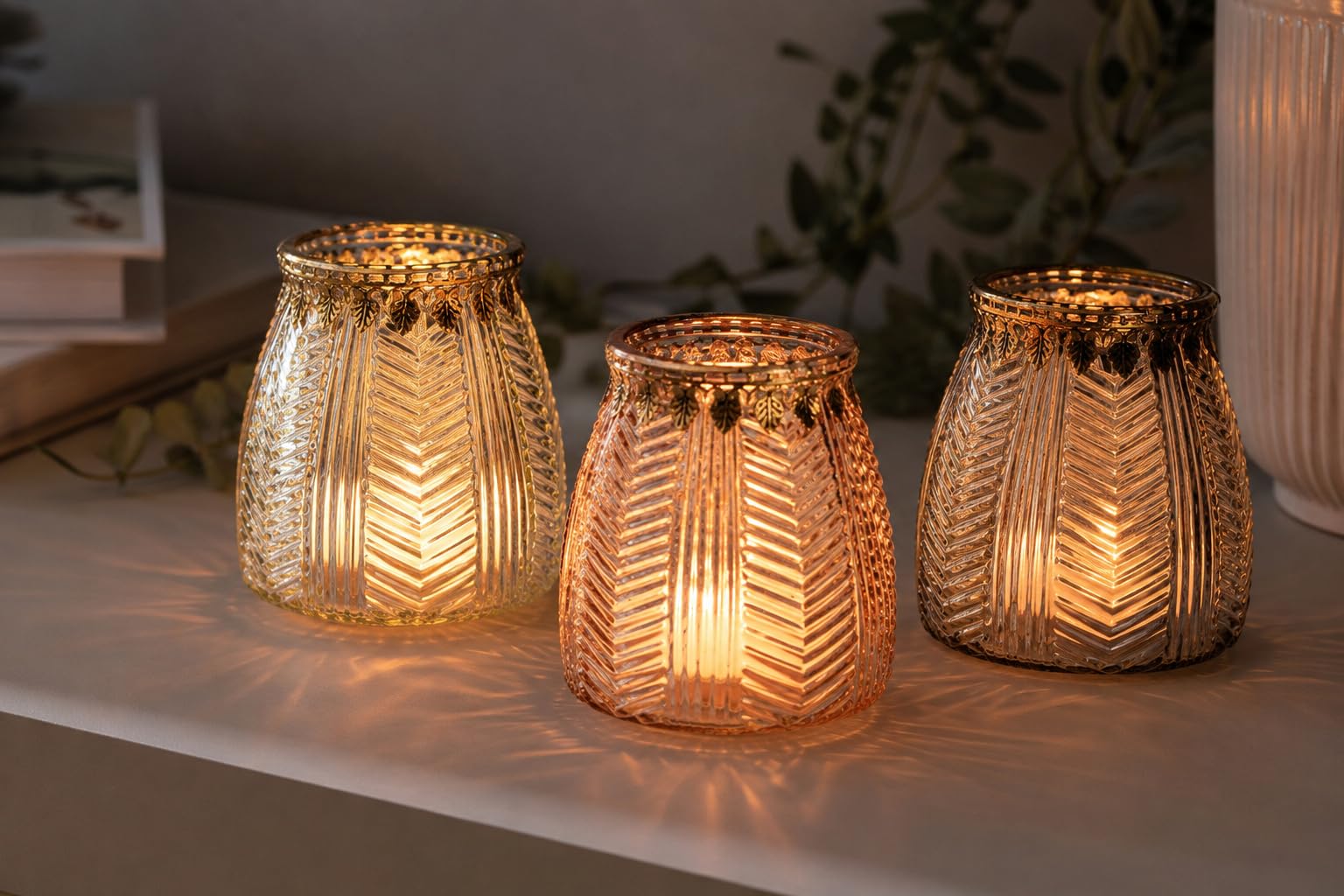 Windlicht 3er Set aus braunem Glas in Bernsteinoptik mit Goldrand