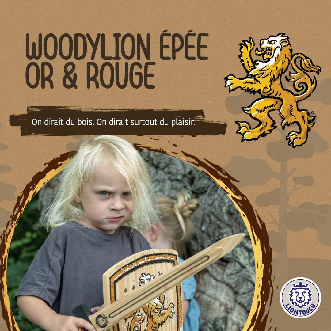 Liontouch - WoodyLion Épée, Or & Rouge – Taille Moyenne | Jouet en Mousse Imitation Bois pour Jeu d'Imagination dans Les Bois | Armes Flexibles et Sûres pour Déguisements et Costumes pour Enfants