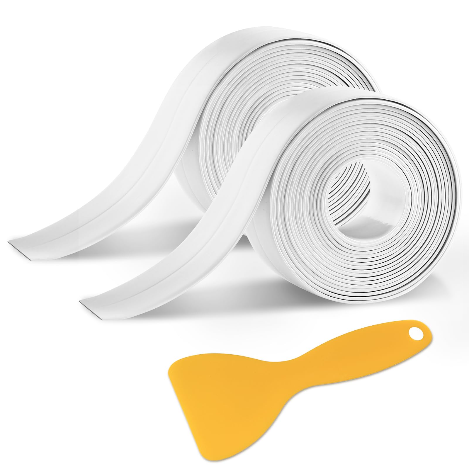 Bath Sealant Strips, 2 Rolls Self Adhesive Bathroom Sealant Tape, Waterproof Seal Caulk Strip Tape with Caulking Scraper Tool, for Bathroom, Kitchen, Bathtub, Toilet, Wall Corner Edge, White