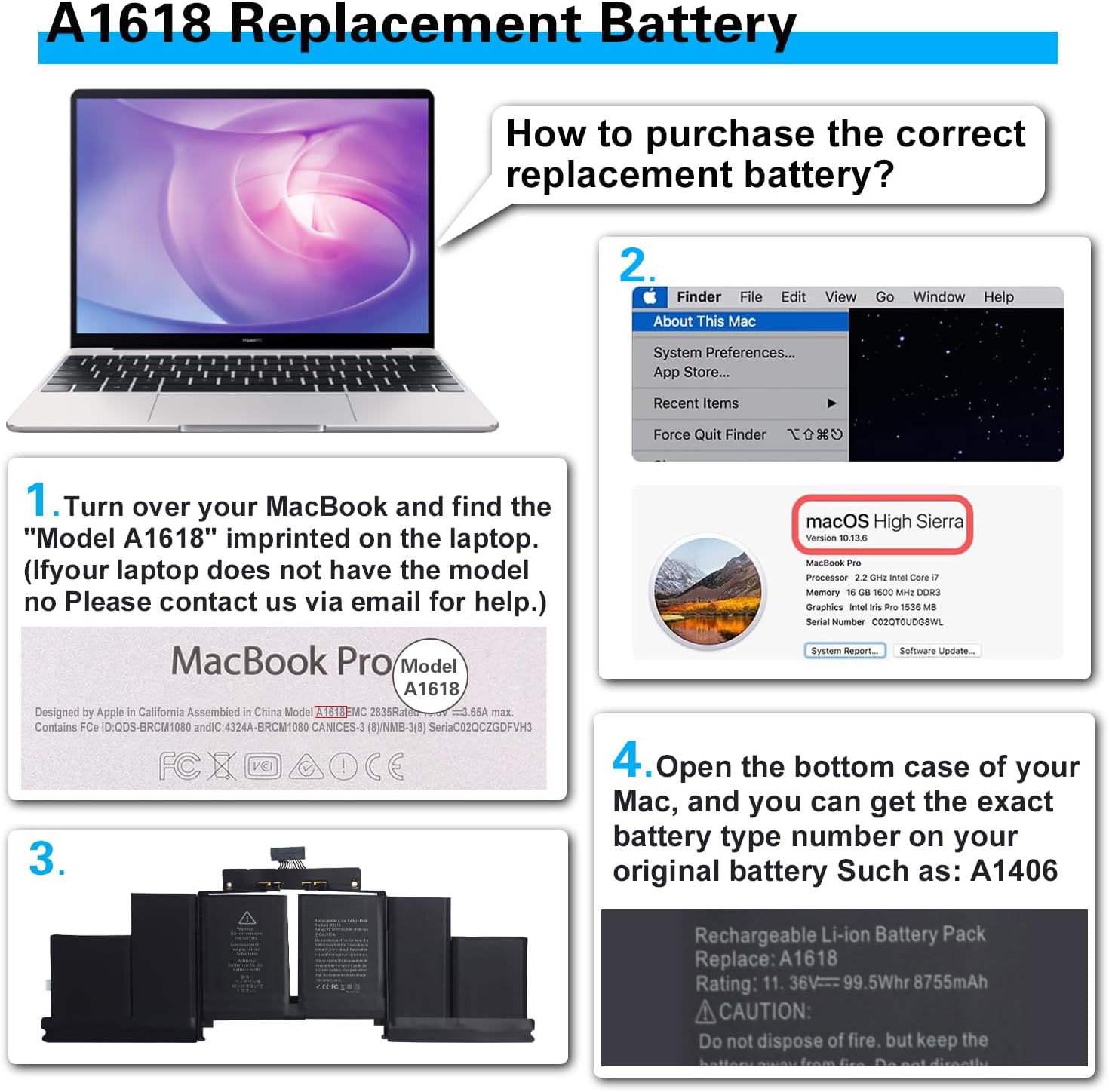A1398 MacBook Pro Battery A1494 A1618 Replacement for MacBook Pro 15 Inch Retina A1398 (Late 2013, Mid 2014, Early 2015), Laptop Battery A1494 A1618 8440mAh