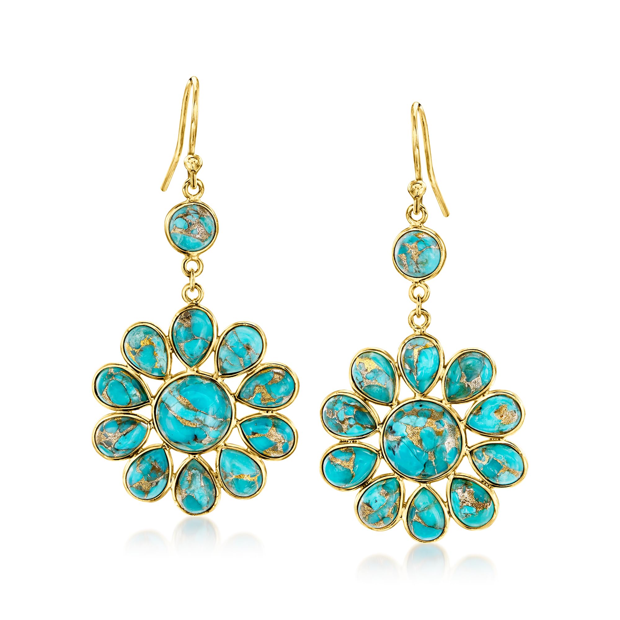 Ross-Simons Turquoise Flower Drop Earrings in 18kt Gold Over Sterling