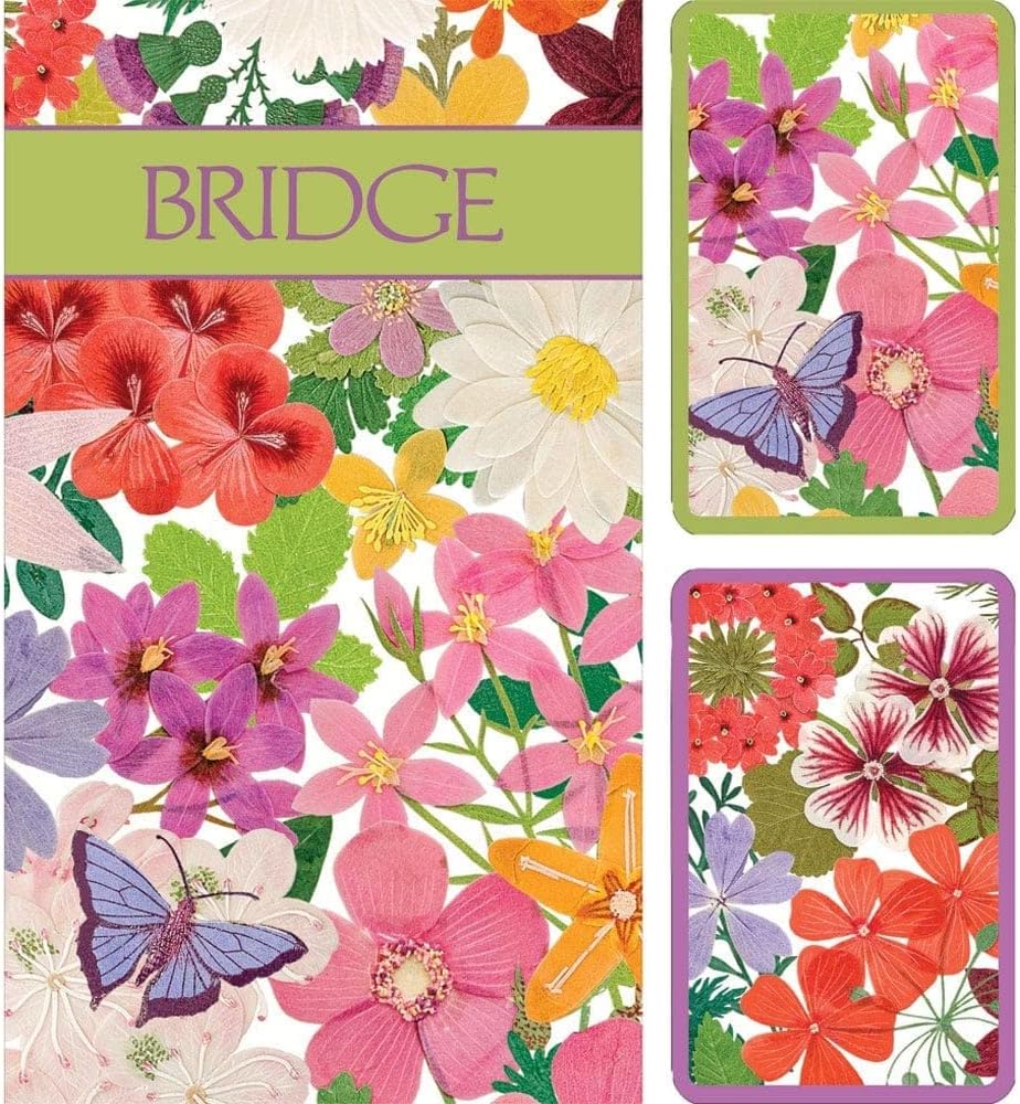 Caspari Halsted Floral Large Type Bridge Gift Set – 2 Playing Card Decks & 2 Bridge Score Pads, Easy-to-Read Cards, Decorative Gift Box