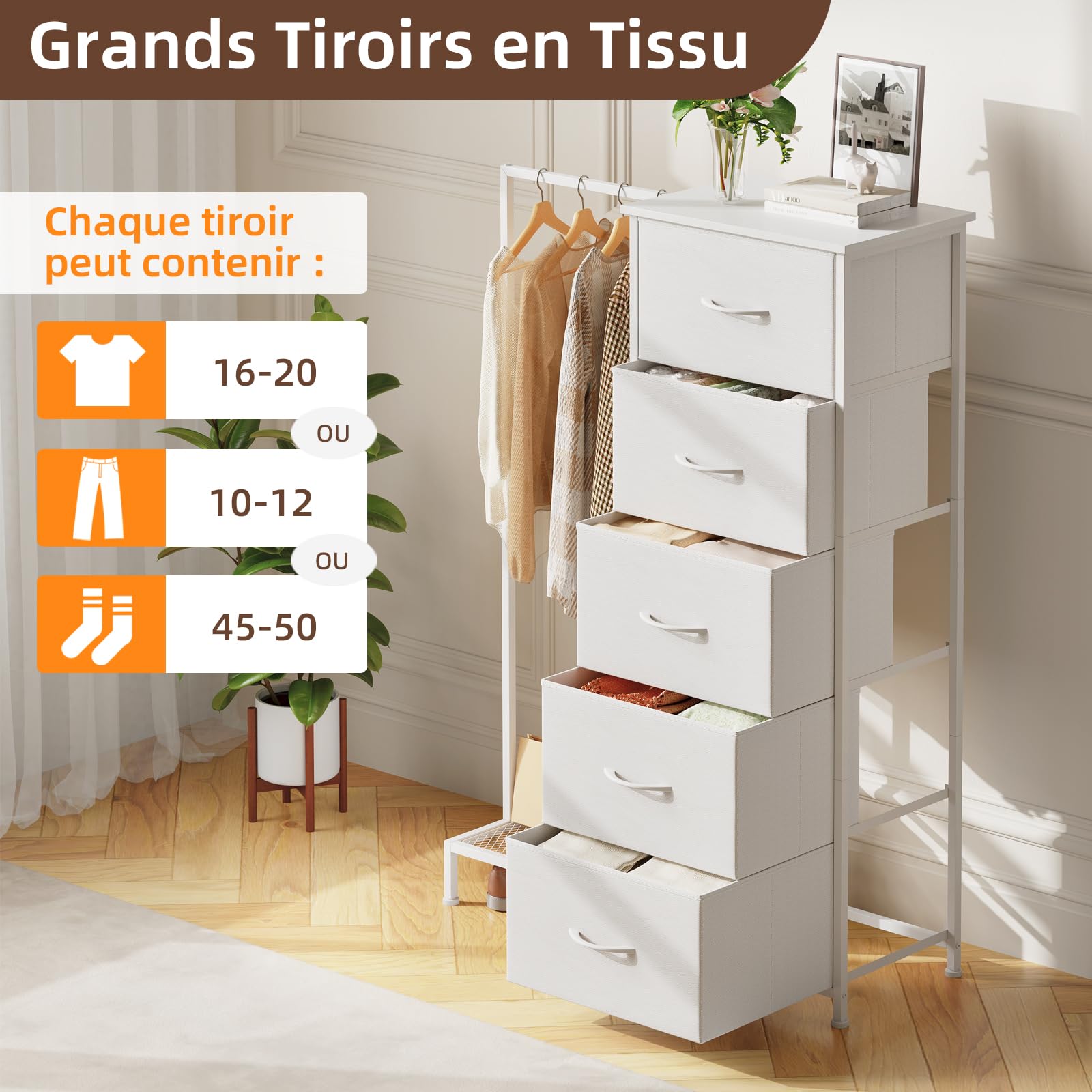 Somdot Commode Chambre avec Penderie, Meuble de Rangement Chambre à 5 Tiroirs en Tissu, Commode pour Salon, Couloir, Entrée, Adult, 30P x 79l x 114,5H, Blanc