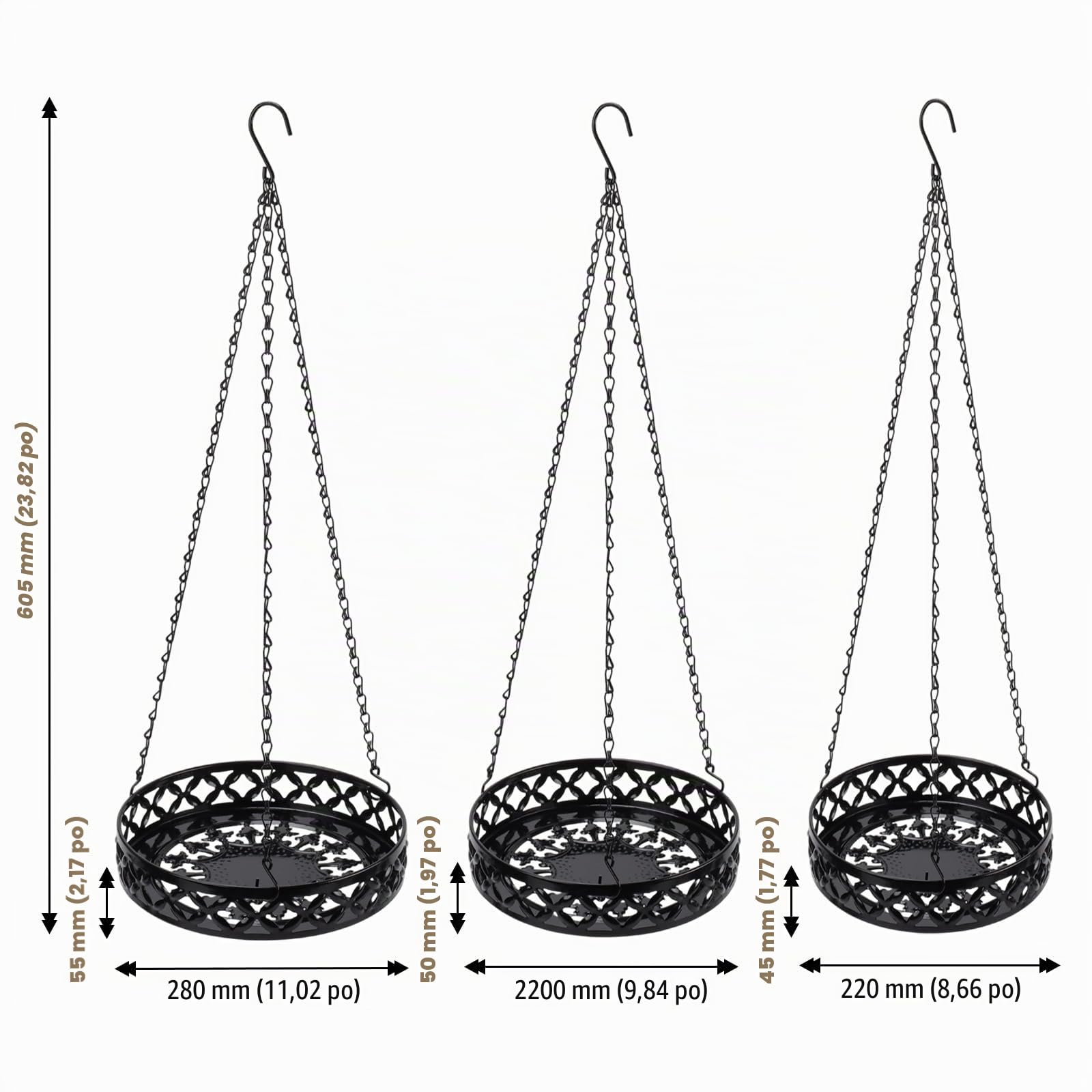 Lot de 3 Pots de Fleurs Suspendus en Métal - 28/25/22 cm - Noir - Jardinière Suspendue avec Crochet de Plafond et Chaîne - pour Intérieur, Extérieur et Balcon