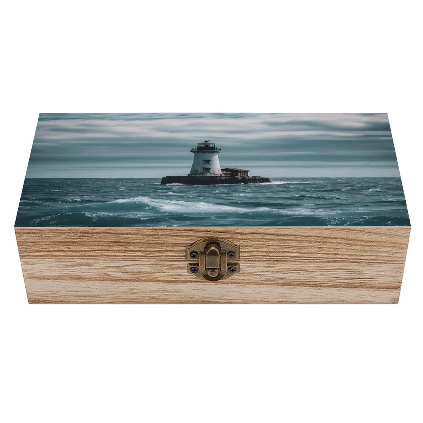 VstaDank Lighthouse Ocean Wooden Storage Box with Hinged Lid Natural Wooden Box Beautifully Keepsake Boxes Vintage Wood Boxes Jewelry Organizer Trinket Storage Chest Unique Gift