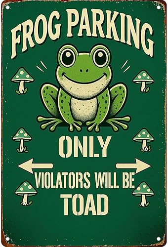 Funny Frog Parking Only - Playful No Trespassing Warning With Coon Frog & Mushrooms Wall Decor Retro Metal Sign Poster for Garage Man Cave Bathroom