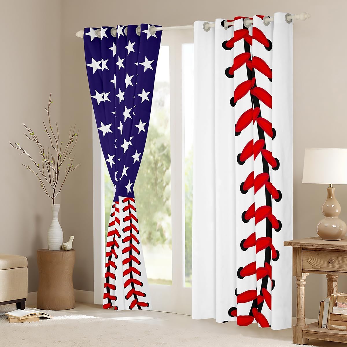 Feelyou Baseball Blackout Curtains() Sports Sewing Geometric Curtain for Bedroom 3D Ball Red White Blue Darkening Window Dreapes Decor Baseball Games Window Treatments (2 Panels, 52 x 84 Inch)