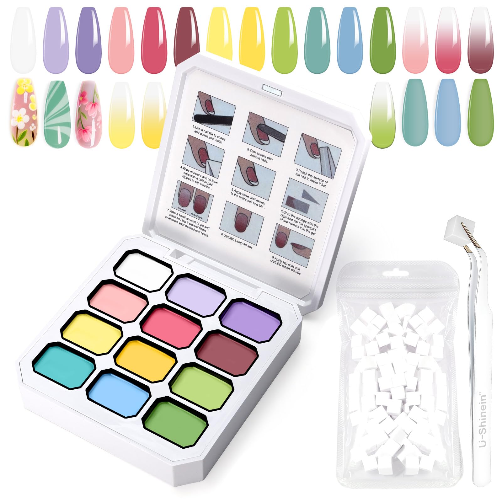 U-Shinein Gradient Painting Gel 12 Bright Colors Ombre Gel Nail Polish with 100Pcs Nail Sponges Tweezer for Pigment