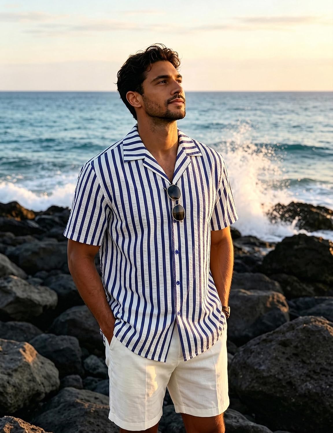 JEMITOP Men's Classic Striped Seersucker Cuban Collar Shirt Short Sleeve Button Down Texture Shirts for Beach Vacation
