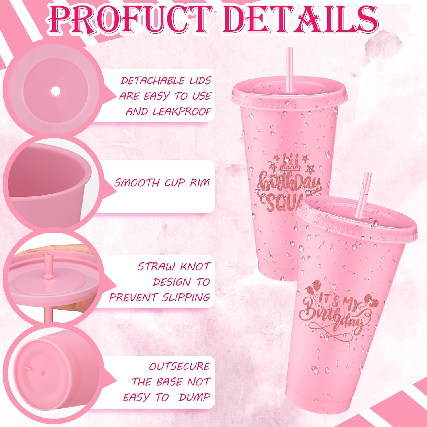 Birthday Party Tumblers 24 oz Squad Plastic Tumblers with Lid and Straw for 20th 30th 40th 50th 60th Birthday Decorations Favor for Women Adults(Pink,6 Pcs) - Image 3