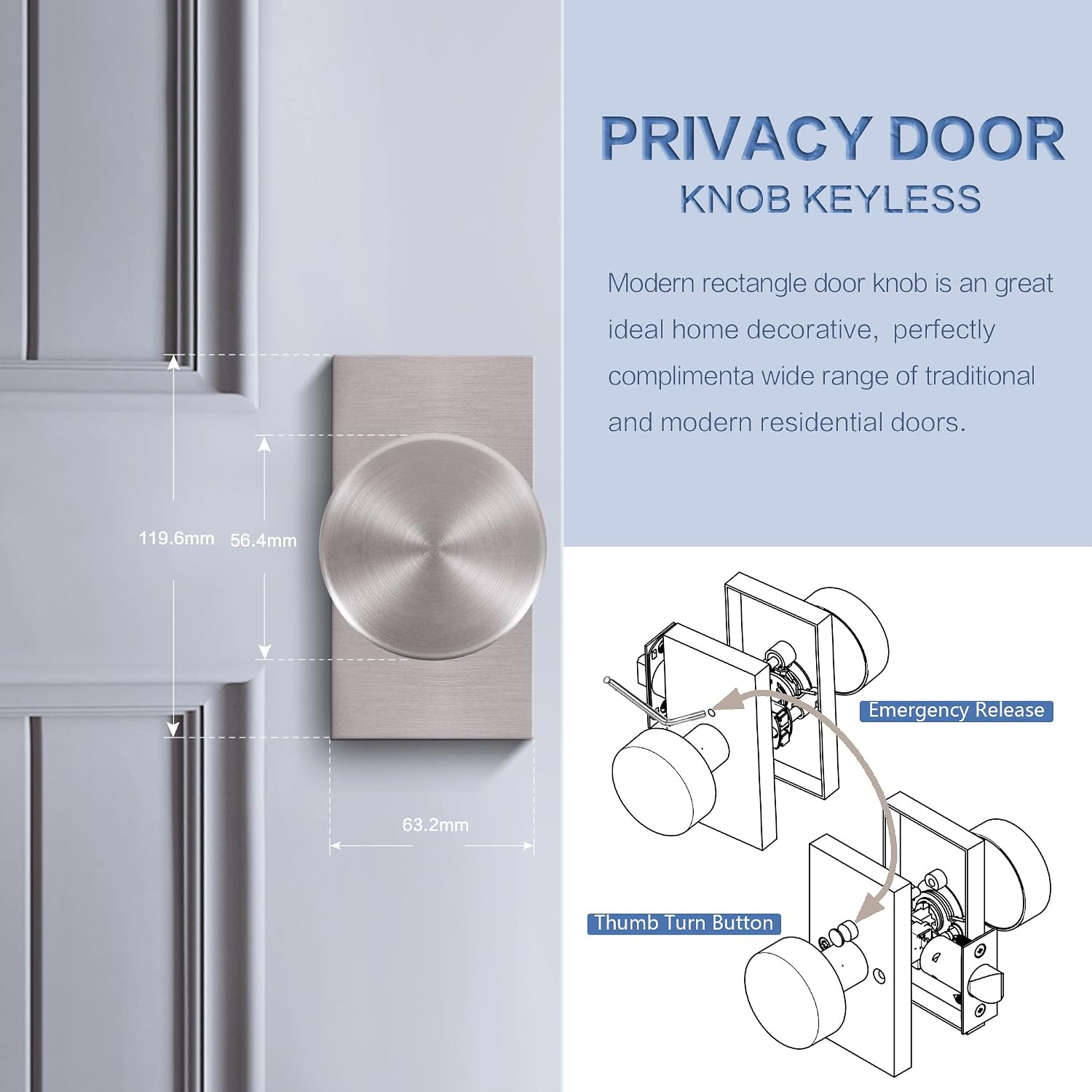 Brushed Nickel Zinc Alloy Privacy Door Knob with Lock, Heavy-Duty Round Handle with Rectangle Frame, Bedroom Bathroom Interior Quick Installation Lock Set, 1 Pack